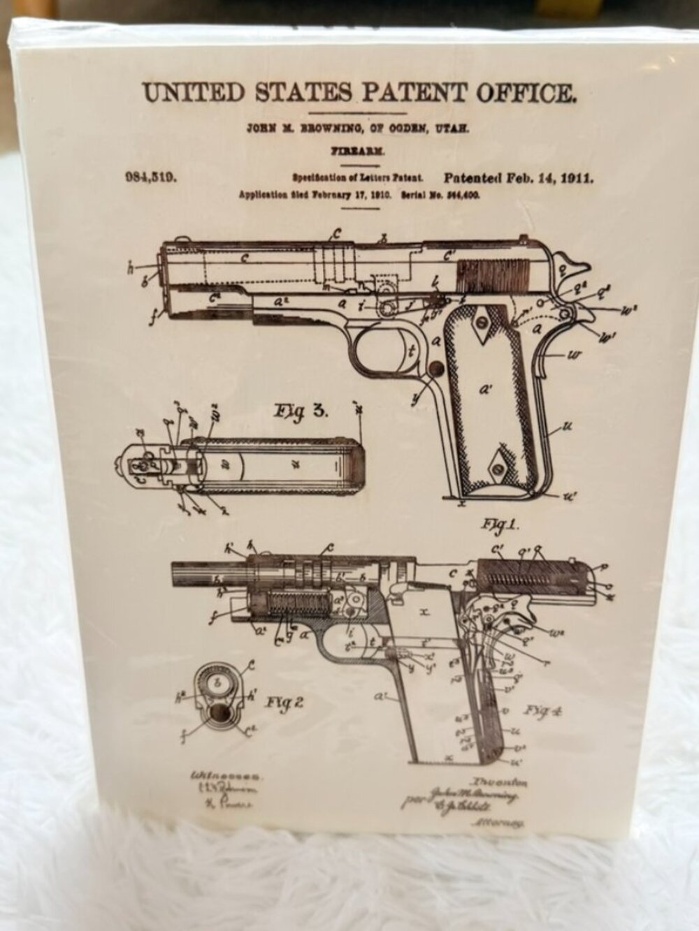 Browning 1911 Patent Print Wood Wall Art Firearm Decor - Picture 2 of 11